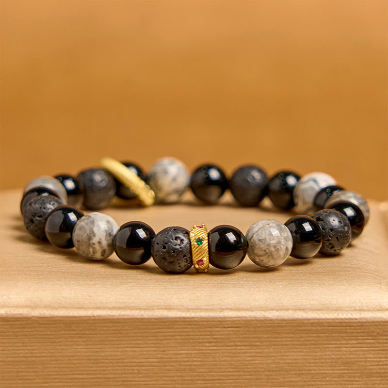 Buddha Stones Lava Rock Black Onyx Picasso Jasper Healing Bracelet - image 2