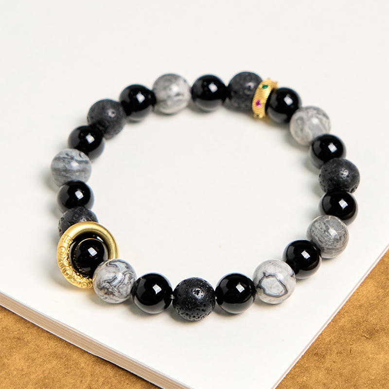 Buddha Stones Lava Rock Black Onyx Picasso Jasper Healing Bracelet - 14-16cm - image 0