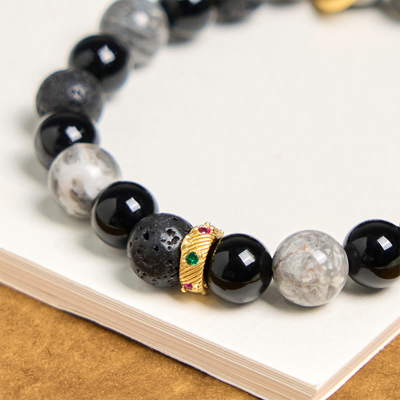 Buddha Stones Lava Rock Black Onyx Picasso Jasper Healing Bracelet - image 5