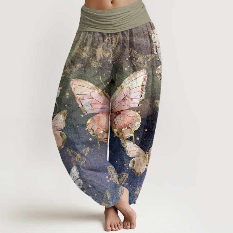 Buddha Stones Vintage Butterfly Pattern Women's Elastic Waist Harem Pants - DarkSeaGreen - US22，UK/AU26，EU54 (6XL) - image 0