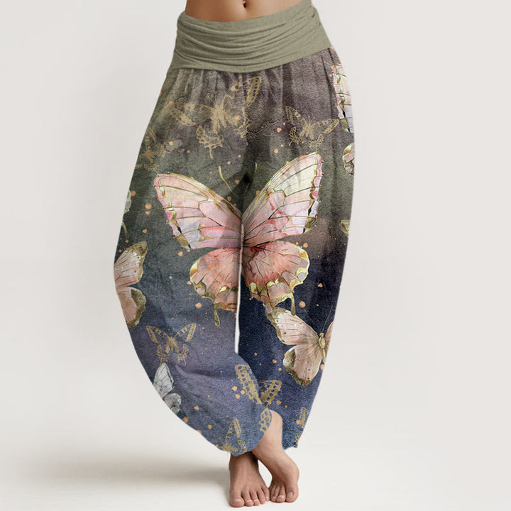 Buddha Stones Vintage Butterfly Pattern Women's Elastic Waist Harem Pants - DarkSeaGreen - US22，UK/AU26，EU54 (6XL) - image 0
