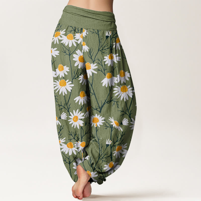 Buddha Stones White Petals Daisy Pattern Women's Elastic Waist Harem Pants - image 1