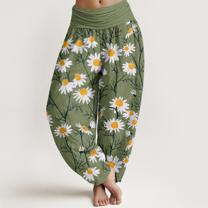 Buddha Stones Cotton White Petals Daisy Pattern Women's Elastic Waist Harem Pants - LimeGreen - US22，UK/AU26，EU54 (6XL) - image 0
