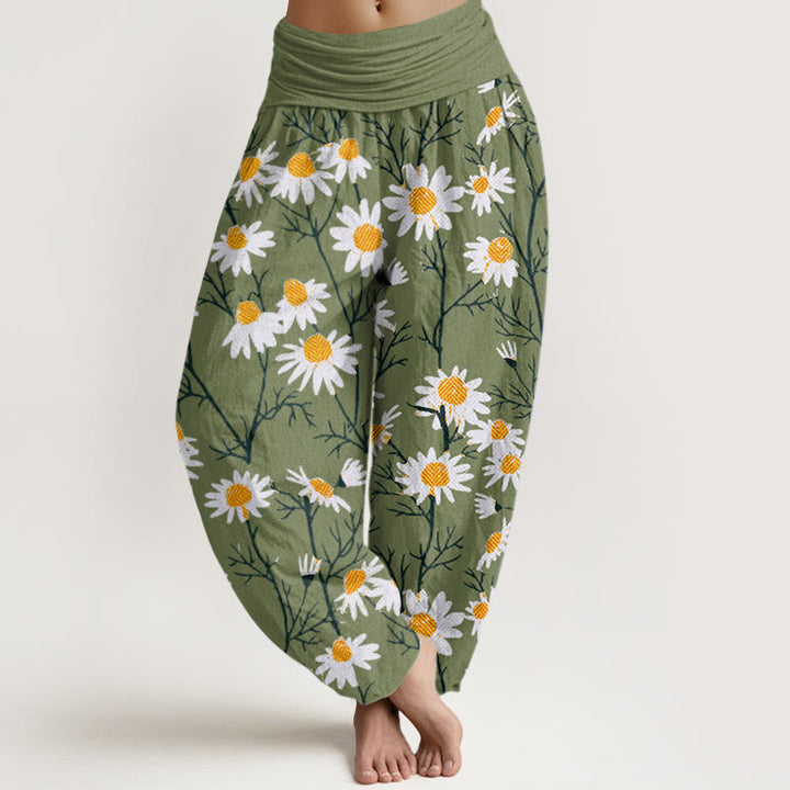 Buddha Stones Cotton White Petals Daisy Pattern Women's Elastic Waist Harem Pants - LimeGreen - US22，UK/AU26，EU54 (6XL) - image 0