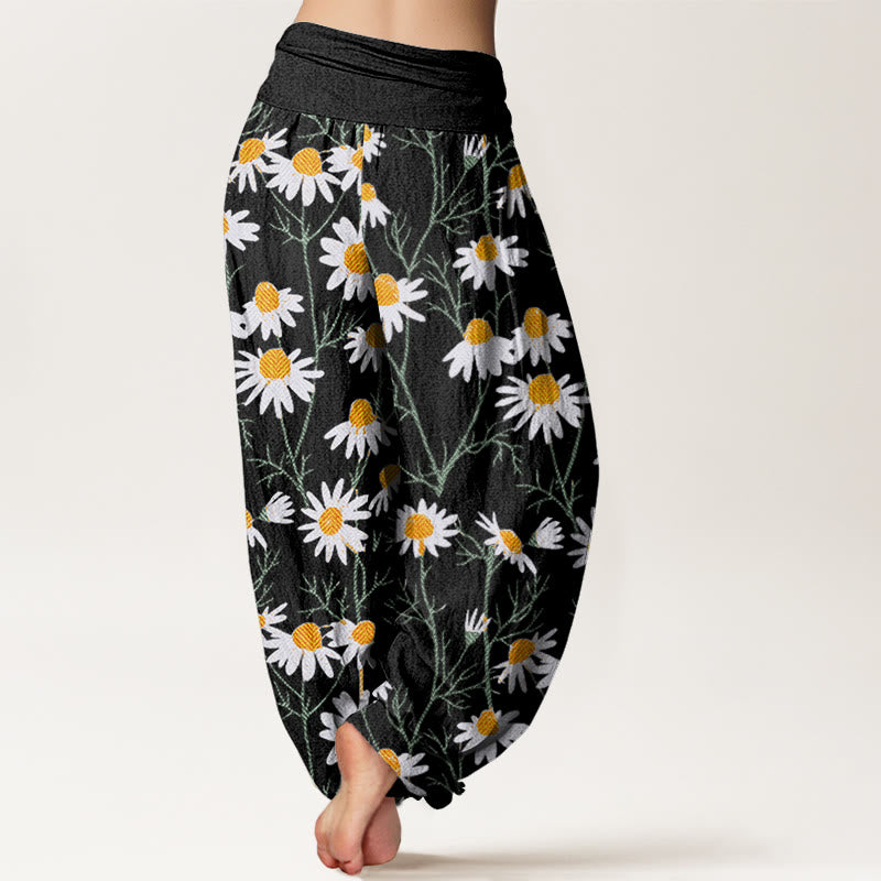Buddha Stones Cotton White Petals Daisy Pattern Women's Elastic Waist Harem Pants - image 5