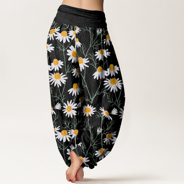 Buddha Stones Cotton White Petals Daisy Pattern Women's Elastic Waist Harem Pants - image 5
