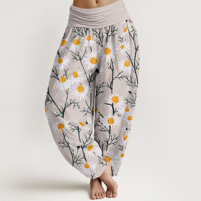 Buddha Stones White Petals Daisy Pattern Women's Elastic Waist Harem Pants - Beige - US22，UK/AU26，EU54 (6XL) - image 7