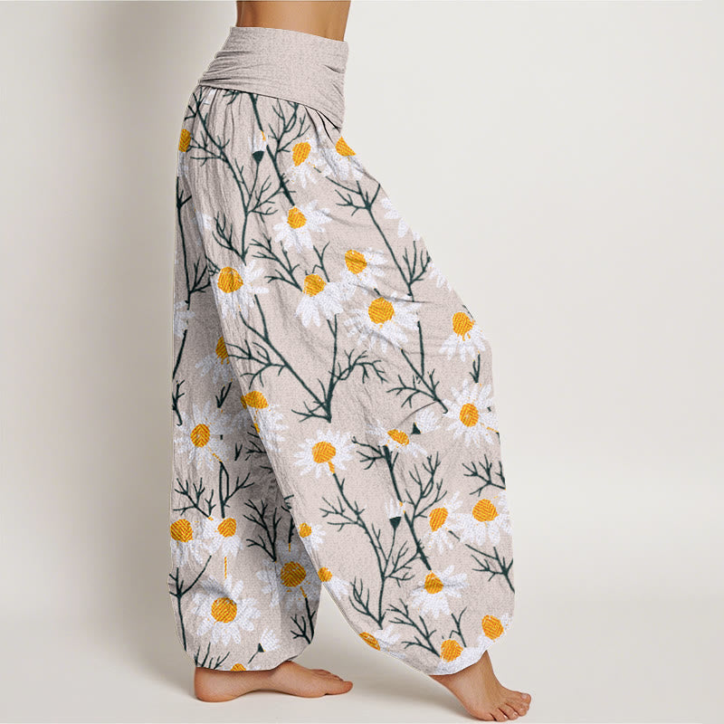 Buddha Stones White Petals Daisy Pattern Women's Elastic Waist Harem Pants - image 9
