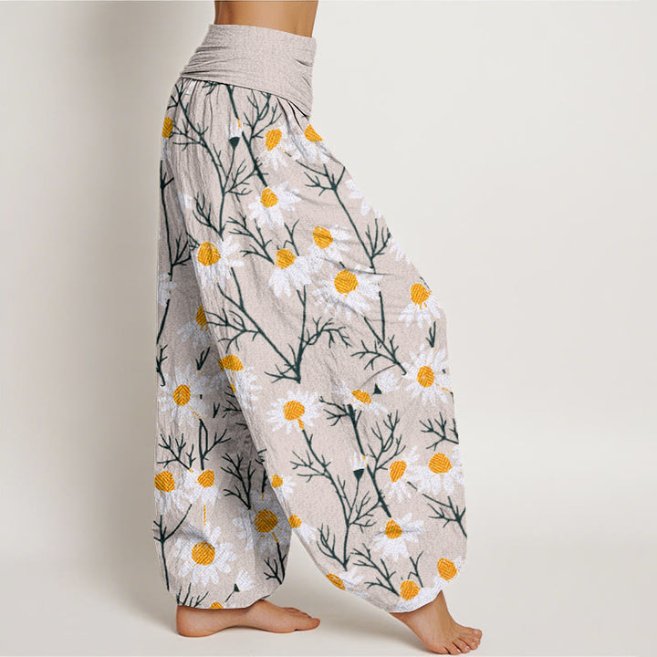 Buddha Stones White Petals Daisy Pattern Women's Elastic Waist Harem Pants - image 9