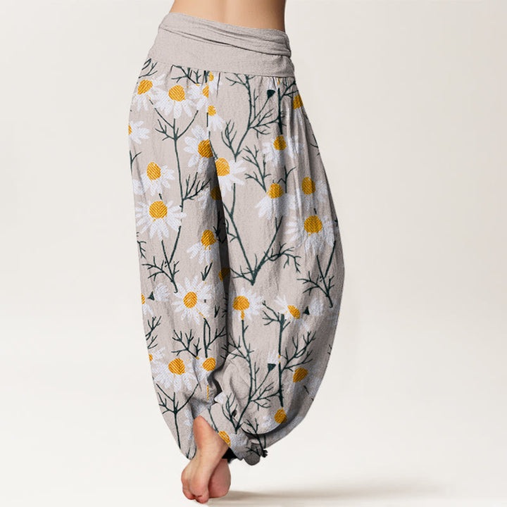 Buddha Stones White Petals Daisy Pattern Women's Elastic Waist Harem Pants - image 8