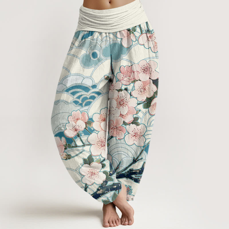 Buddha Stones Cherry Blossom Wave Pattern Women's Elastic Waist Harem Pants - RoyalBlue - US22，UK/AU26，EU54 (6XL) - image 0
