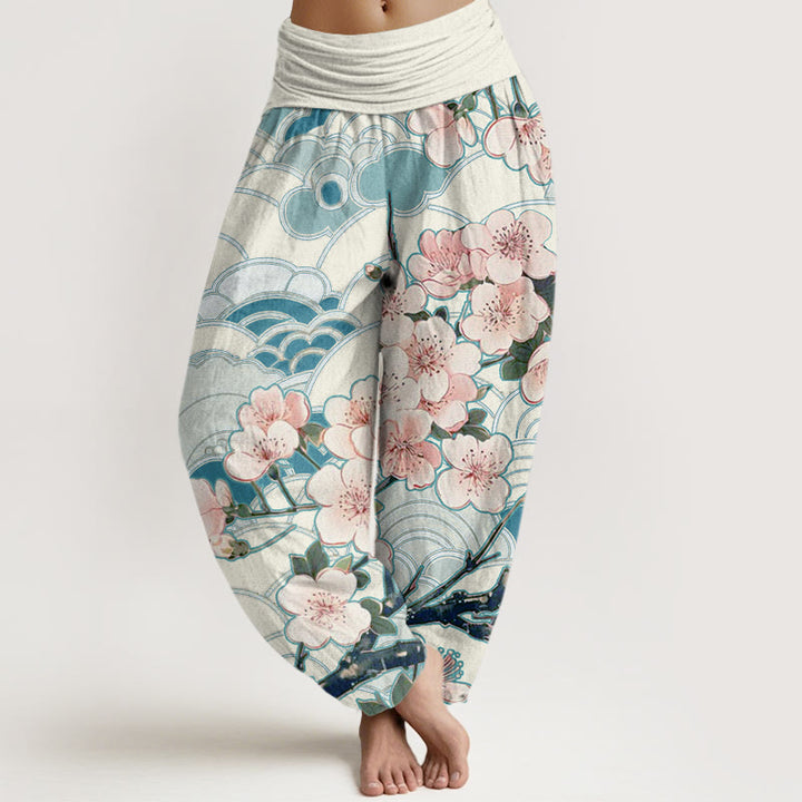 Buddha Stones Cherry Blossom Wave Pattern Women's Elastic Waist Harem Pants - RoyalBlue - US22，UK/AU26，EU54 (6XL) - image 0