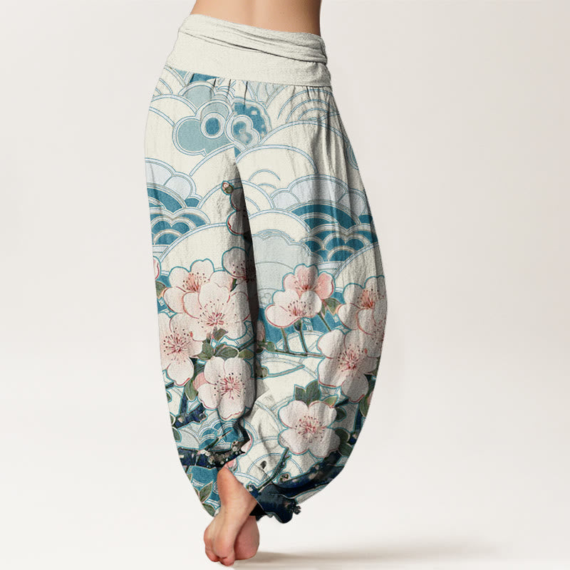 Buddha Stones Cherry Blossom Wave Pattern Women's Elastic Waist Harem Pants - image 1