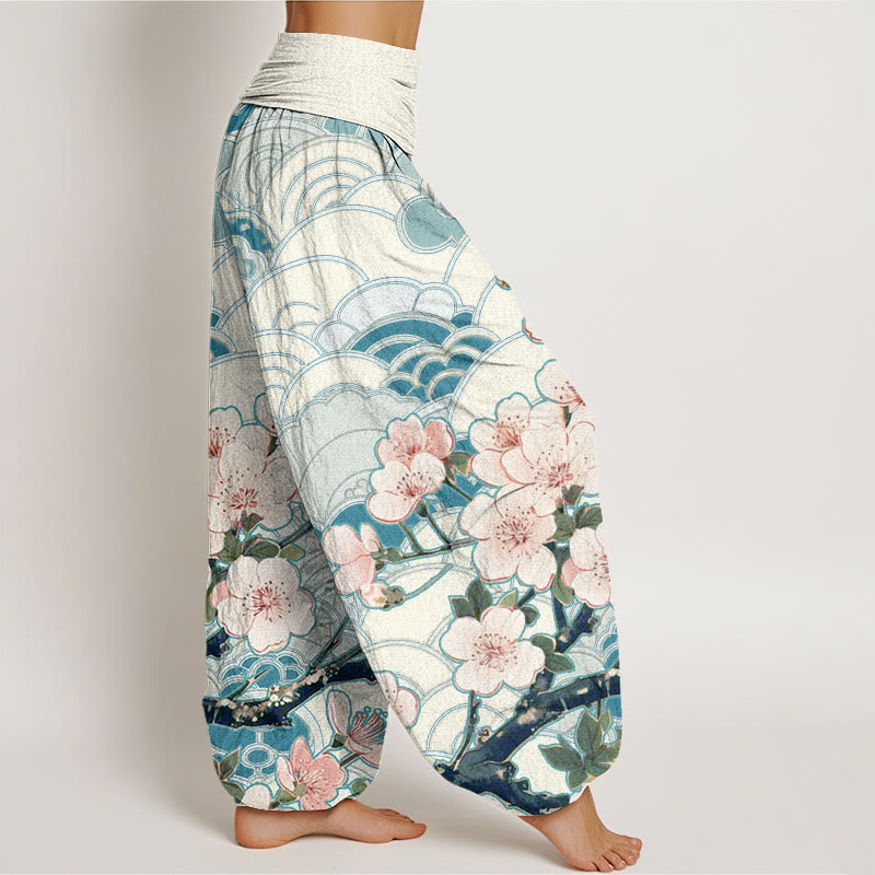 Buddha Stones Cherry Blossom Wave Pattern Women's Elastic Waist Harem Pants - image 2