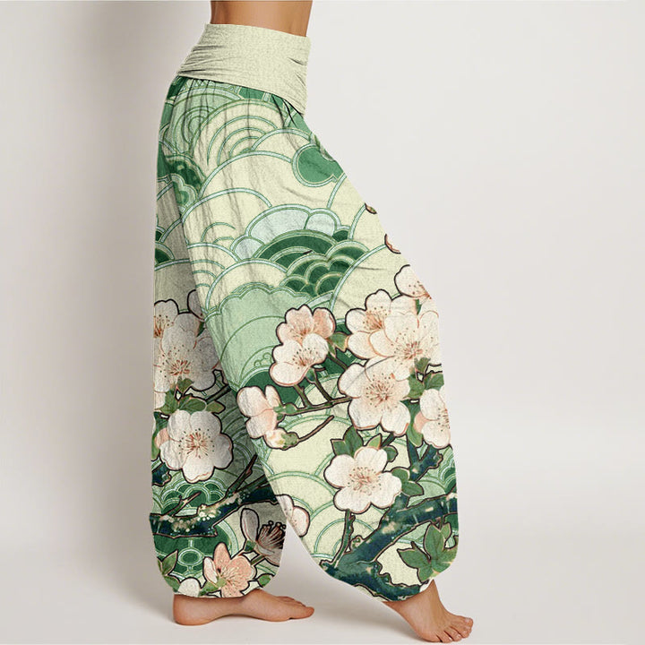 Buddha Stones Cherry Blossom Wave Pattern Women's Elastic Waist Harem Pants - image 6