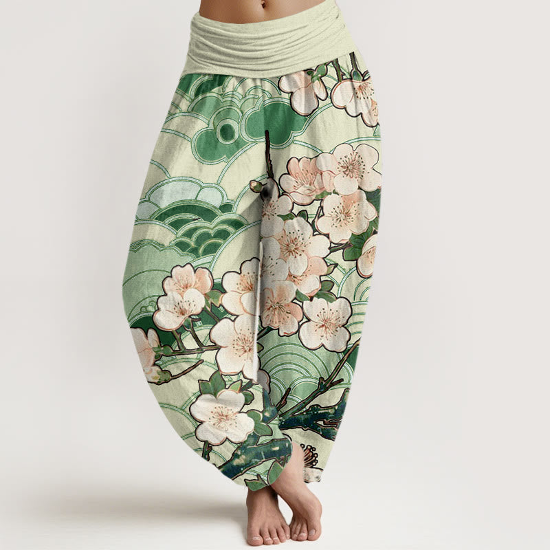Buddha Stones Cherry Blossom Wave Pattern Women's Elastic Waist Harem Pants - ForestGreen - US22，UK/AU26，EU54 (6XL) - image 4