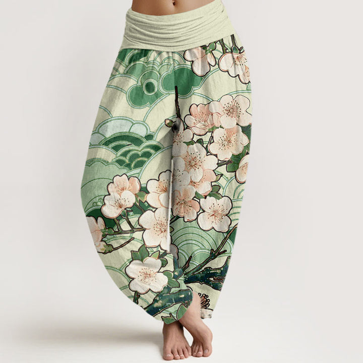 Buddha Stones Cherry Blossom Wave Pattern Women's Elastic Waist Harem Pants - ForestGreen - US22，UK/AU26，EU54 (6XL) - image 4