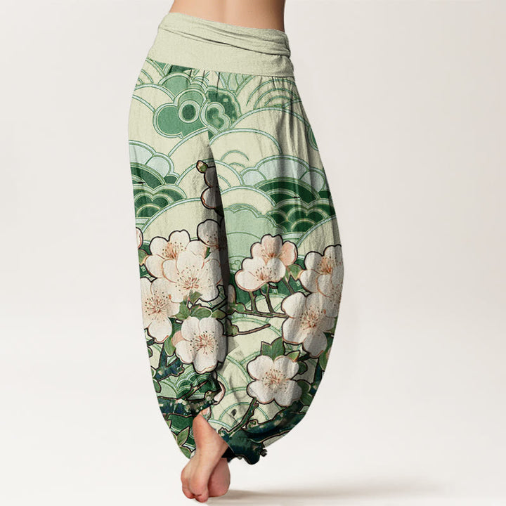 Buddha Stones Cherry Blossom Wave Pattern Women's Elastic Waist Harem Pants - image 5