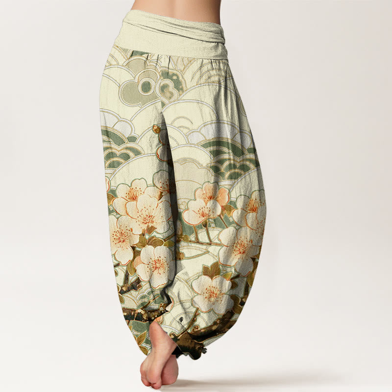 Buddha Stones Cherry Blossom Wave Pattern Women's Elastic Waist Harem Pants - image 8
