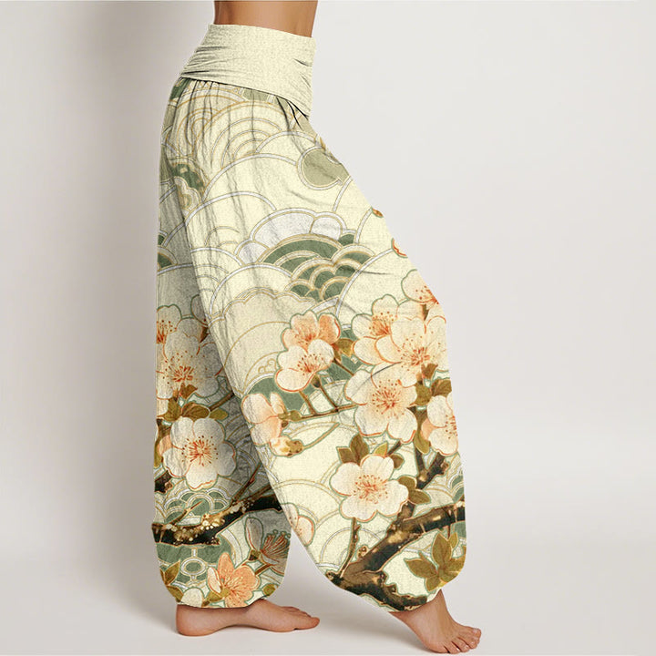 Buddha Stones Cherry Blossom Wave Pattern Women's Elastic Waist Harem Pants - image 9