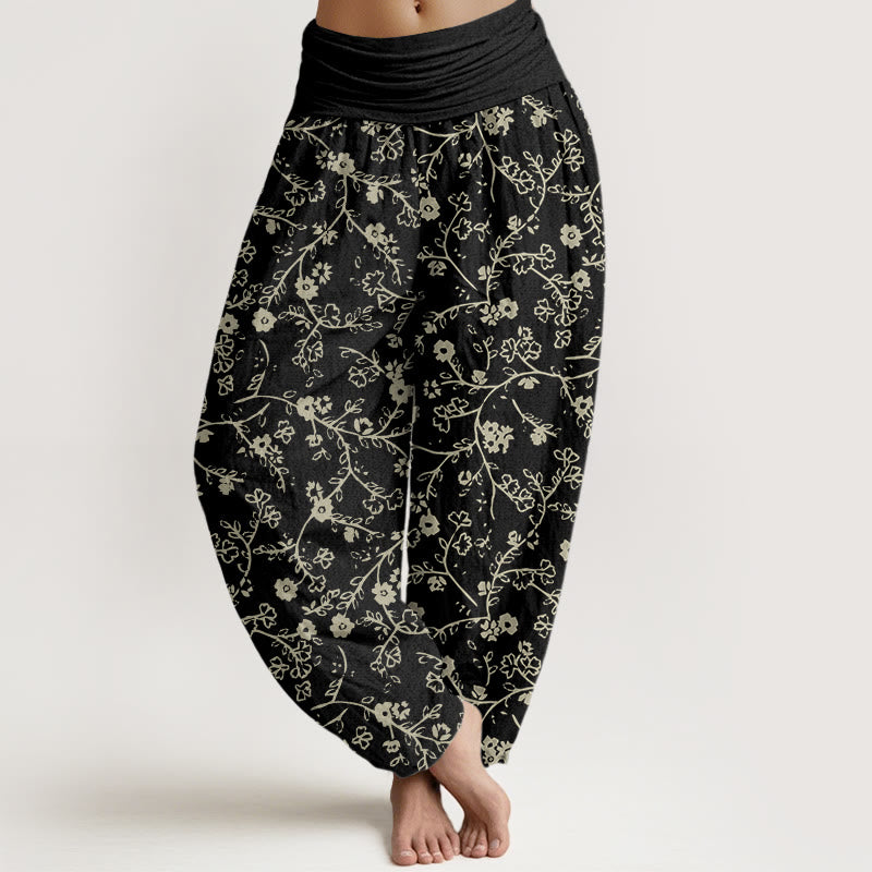 Buddha Stones Flower Branch Pattern Simple Design Women's Elastic Waist Harem Pants - Black - US22，UK/AU26，EU54 (6XL) - image 4