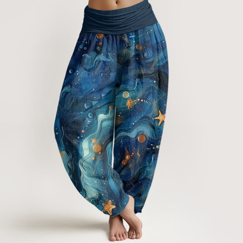 Buddha Stones Oceanic Golde Star Pattern Women's Elastic Waist Harem Pants - DarkBlue - US22，UK/AU26，EU54 (6XL) - image 0