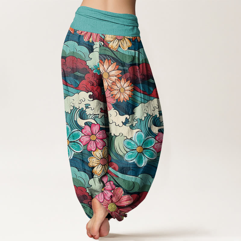 Buddha Stones Colorful Ocean Wave Various Flower Pattern Women's Elastic Waist Harem Pants - image 1