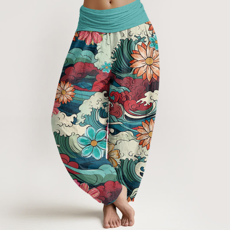 Buddha Stones Colorful Ocean Wave Various Flower Pattern Women's Elastic Waist Harem Pants - MediumTurquoise - US22，UK/AU26，EU54 (6XL) - image 0