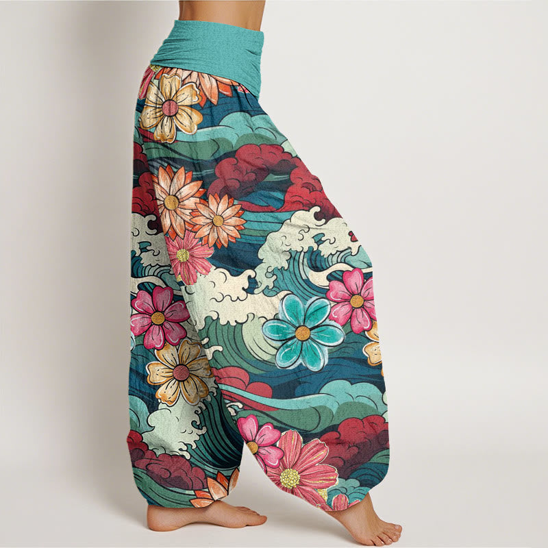 Buddha Stones Colorful Ocean Wave Various Flower Pattern Women's Elastic Waist Harem Pants - image 2