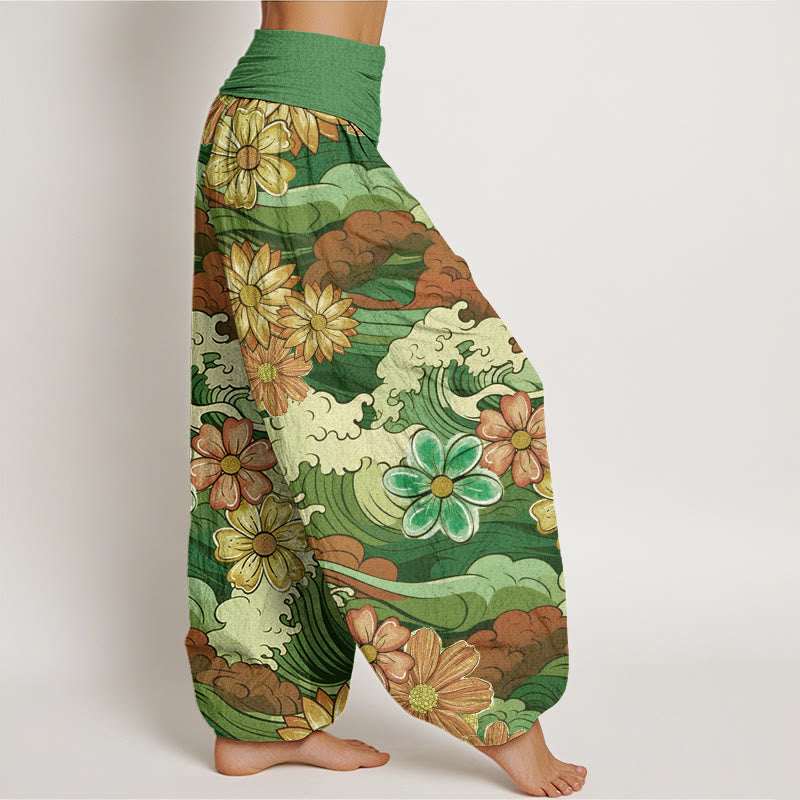 Buddha Stones Colorful Ocean Wave Various Flower Pattern Women's Elastic Waist Harem Pants - image 6