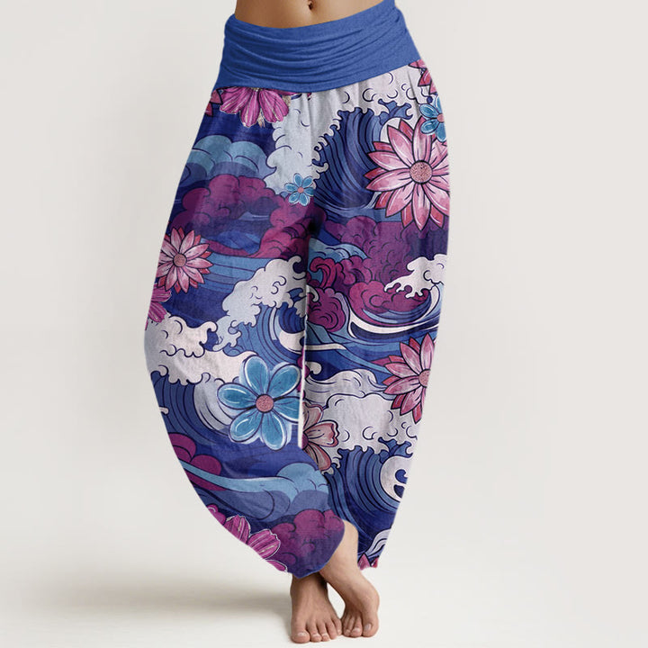Buddha Stones Colorful Ocean Wave Various Flower Pattern Women's Elastic Waist Harem Pants - SlateBlue - US22，UK/AU26，EU54 (6XL) - image 7