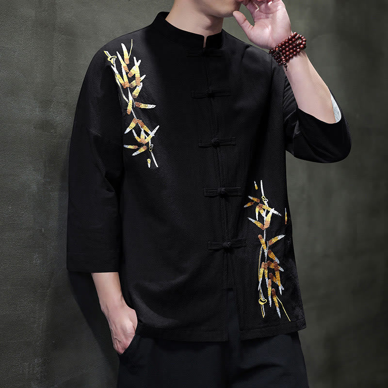 Buddha Stones Embroidery Men's  Chinese Frog-Button Three Quarter Sleeve Shirt Clothing - image 1