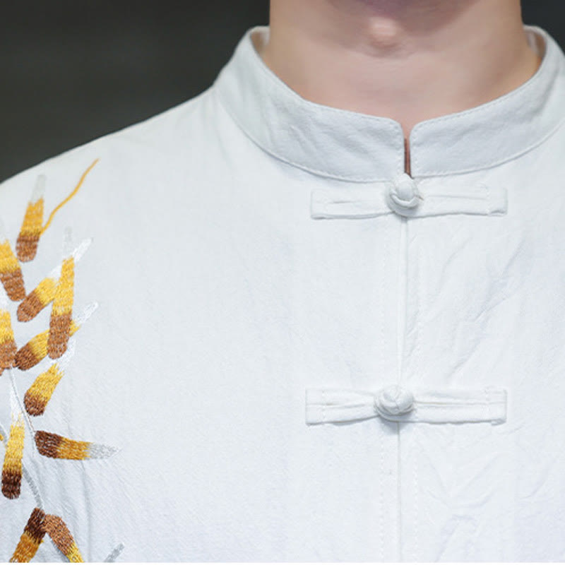 Buddha Stones Embroidery Men's  Chinese Frog-Button Three Quarter Sleeve Shirt Clothing - image 18