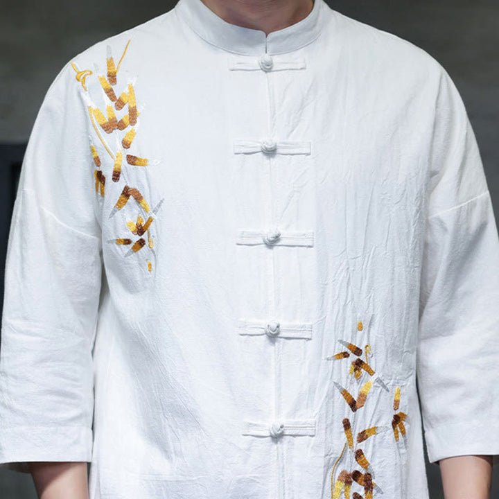 Buddha Stones Embroidery Men's  Chinese Frog-Button Three Quarter Sleeve Shirt Clothing - image 11