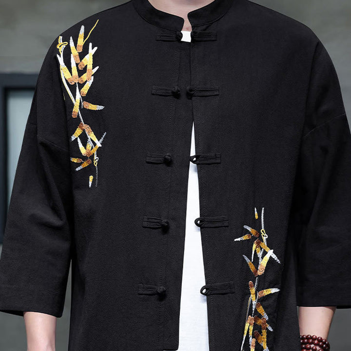 Buddha Stones Embroidery Men's  Chinese Frog-Button Three Quarter Sleeve Shirt Clothing - image 2