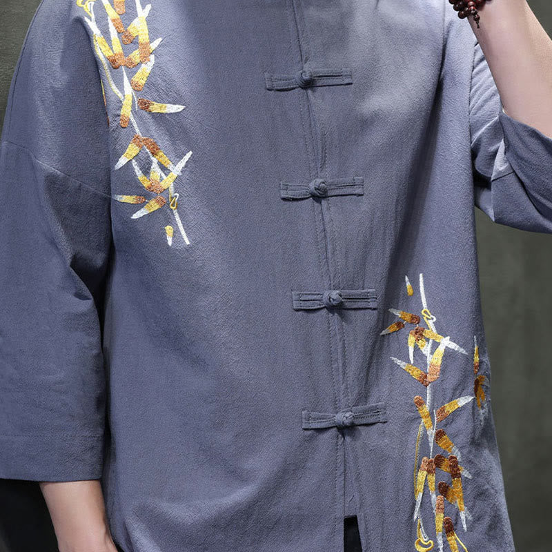 Buddha Stones Embroidery Men's  Chinese Frog-Button Three Quarter Sleeve Shirt Clothing - image 26