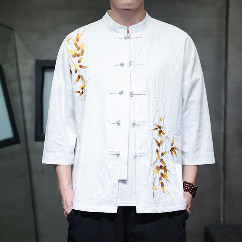 Buddha Stones Embroidery Men's  Chinese Frog-Button Three Quarter Sleeve Shirt Clothing - White - US/UK/AU46，EU56 (5XL) - image 6