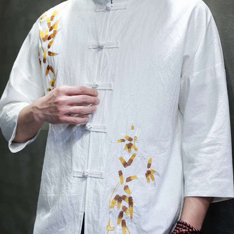 Buddha Stones Embroidery Men's  Chinese Frog-Button Three Quarter Sleeve Shirt Clothing - image 15