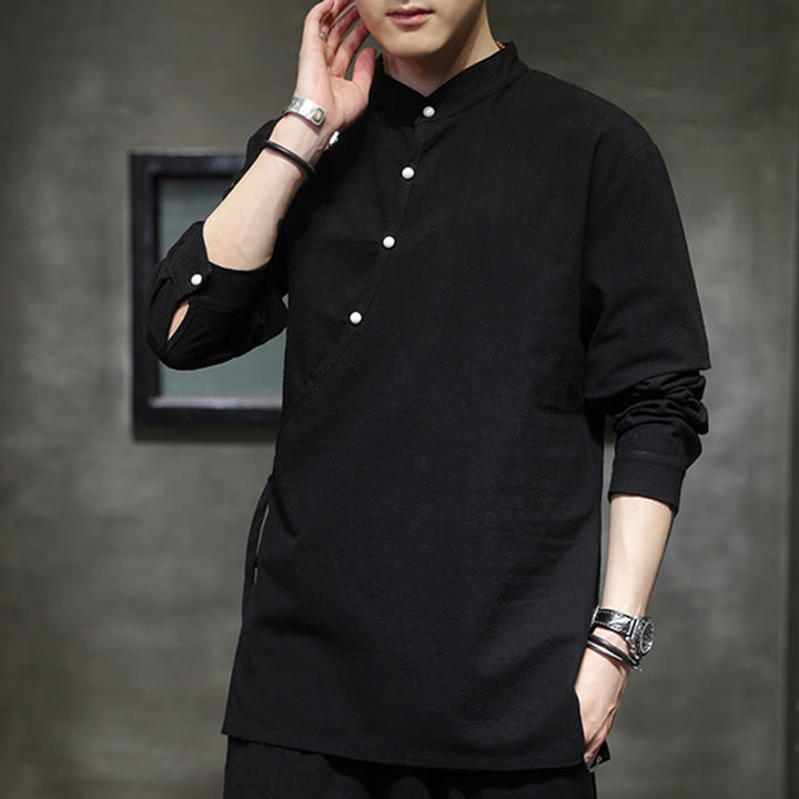 Buddha Stones Plain Lace-Up Simple Button Design Men's Long Sleeve Cotton Linen Shirt Clothing - image 3