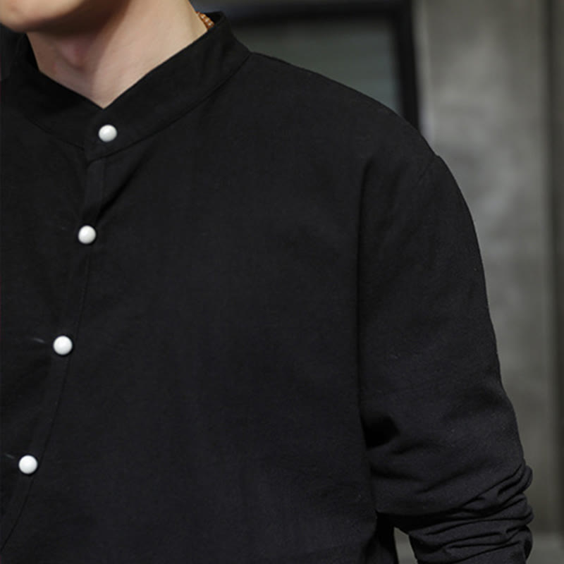 Buddha Stones Plain Lace-Up Simple Button Design Men's Long Sleeve Cotton Linen Shirt Clothing - image 9