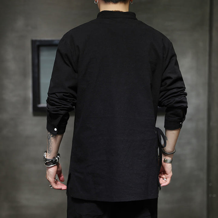Buddha Stones Plain Lace-Up Simple Button Design Men's Long Sleeve Cotton Linen Shirt Clothing - image 5