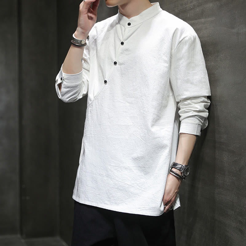 Buddha Stones Plain Lace-Up Simple Button Design Men's Long Sleeve Cotton Linen Shirt Clothing - image 18