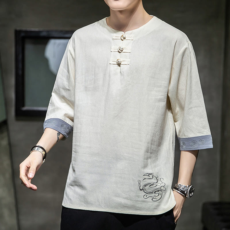 Buddha Stones Summer Embroidery Plain Frog-Button Men's Crew Neck Half Sleeve Cotton Linen Shirt Clothing - image 13