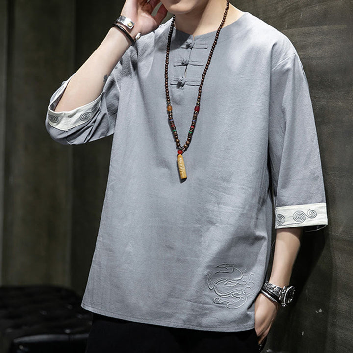 Buddha Stones Summer Embroidery Plain Frog-Button Men's Crew Neck Half Sleeve Cotton Linen Shirt Clothing - image 7