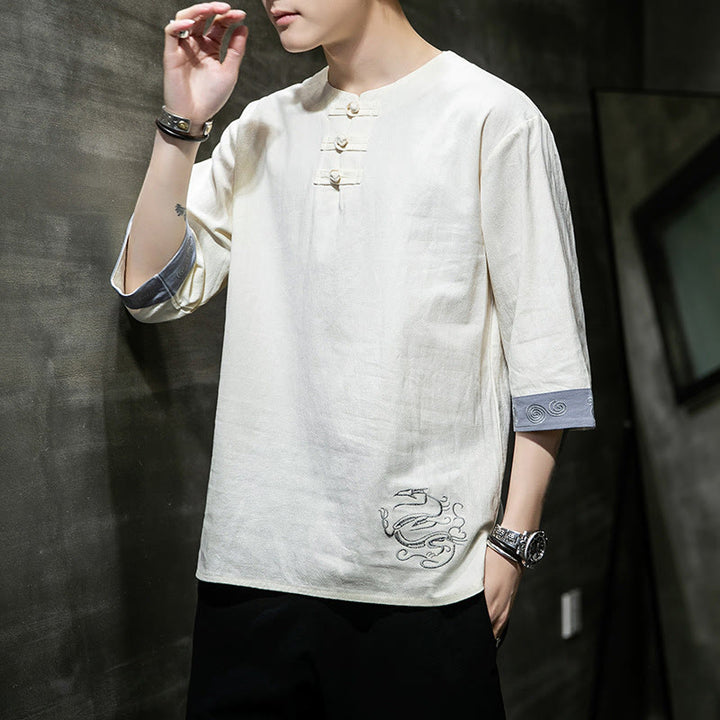 Buddha Stones Summer Embroidery Plain Frog-Button Men's Crew Neck Half Sleeve Cotton Linen Shirt Clothing - image 11