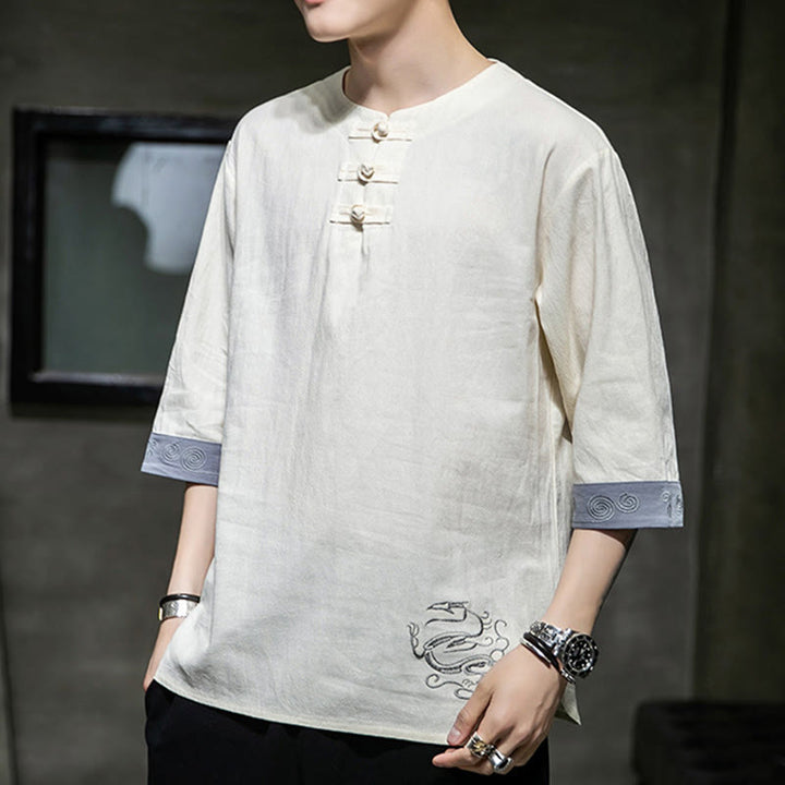 Buddha Stones Summer Embroidery Plain Frog-Button Men's Crew Neck Half Sleeve Cotton Linen Shirt Clothing - image 10