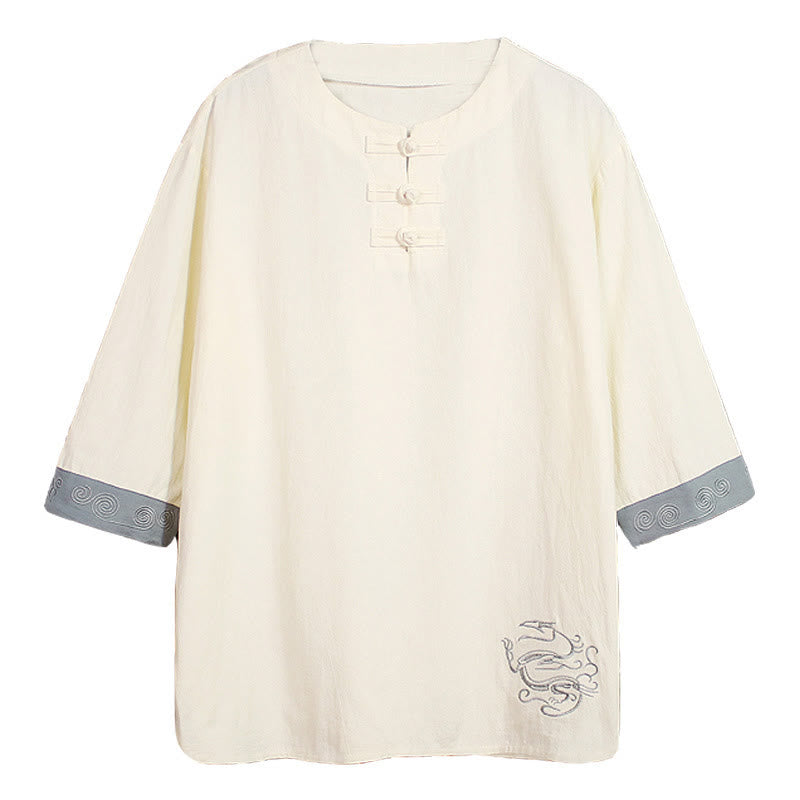 Buddha Stones Summer Embroidery Plain Frog-Button Men's Crew Neck Half Sleeve Cotton Linen Shirt Clothing - image 18