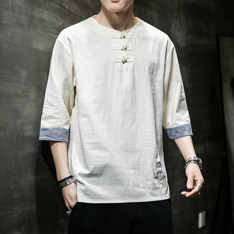 Buddha Stones Summer Embroidery Plain Frog-Button Men's Crew Neck Half Sleeve Cotton Linen Shirt Clothing - image 12