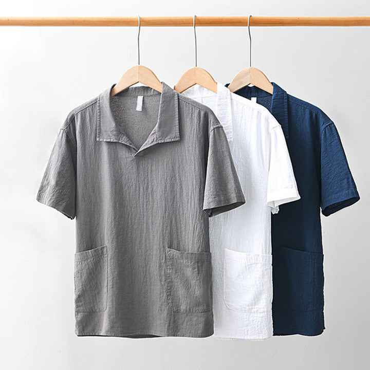 Buddha Stones Vintage Plain Simple Design Men's Short Sleeve Cotton Linen Shirt Clothing With Pockets - image 21