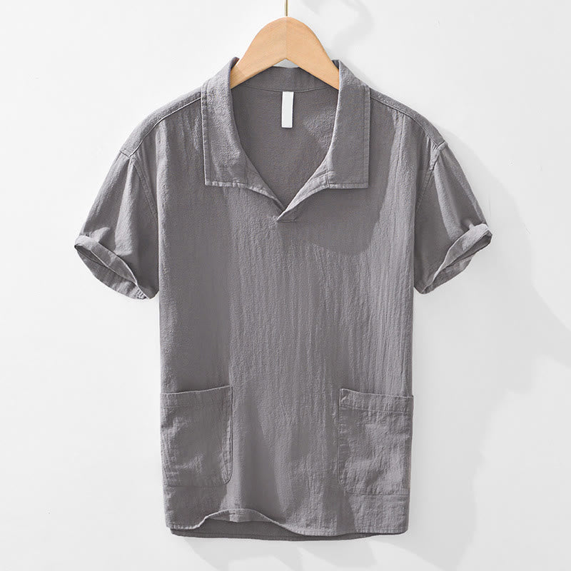 Buddha Stones Vintage Plain Simple Design Men's Short Sleeve Cotton Linen Shirt Clothing With Pockets - Gray - US/UK/AU42，EU52 (3XL) - image 0